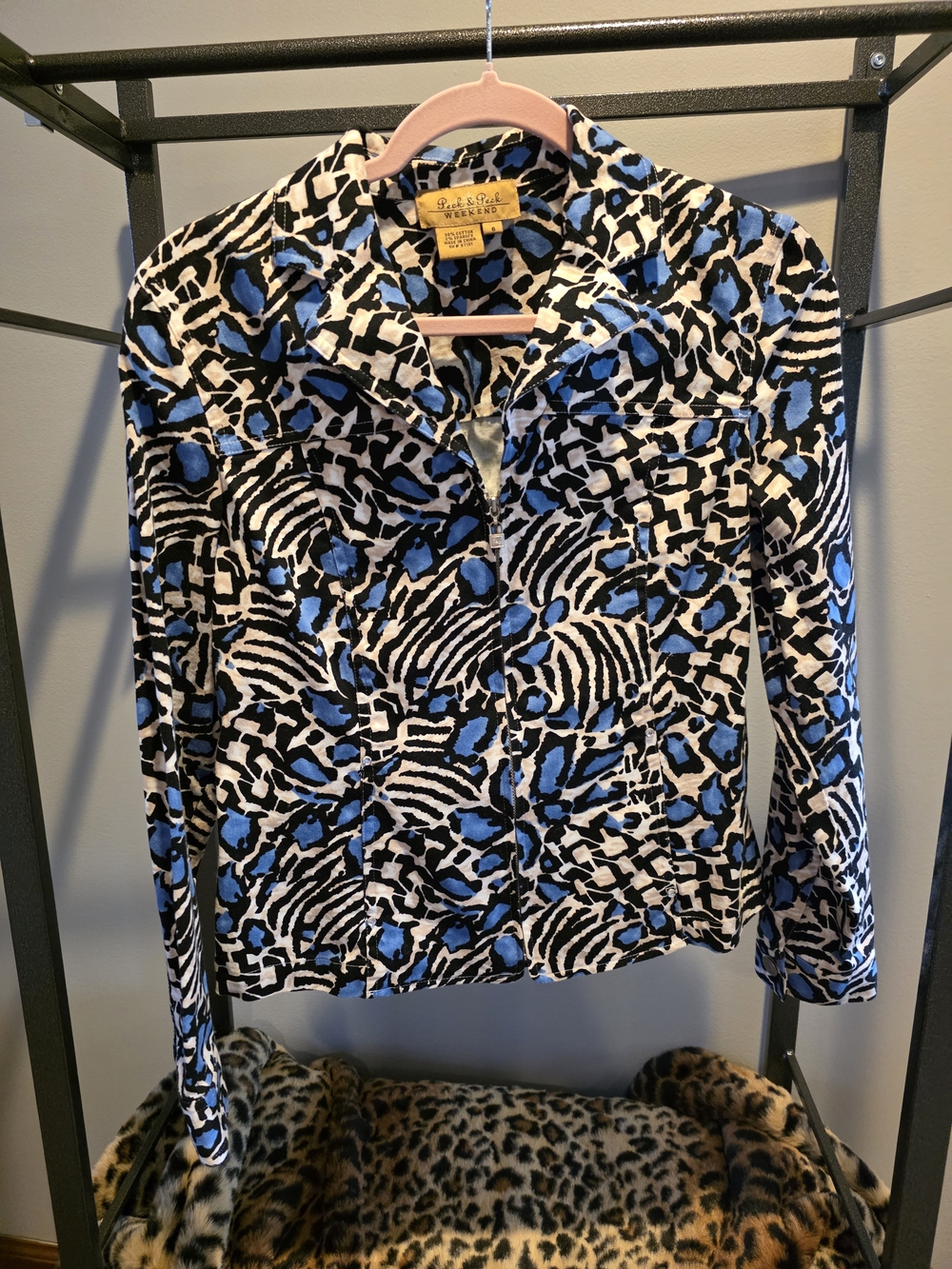 Peck & Peck Blue Animal Print Zip-Front Womens Jacket